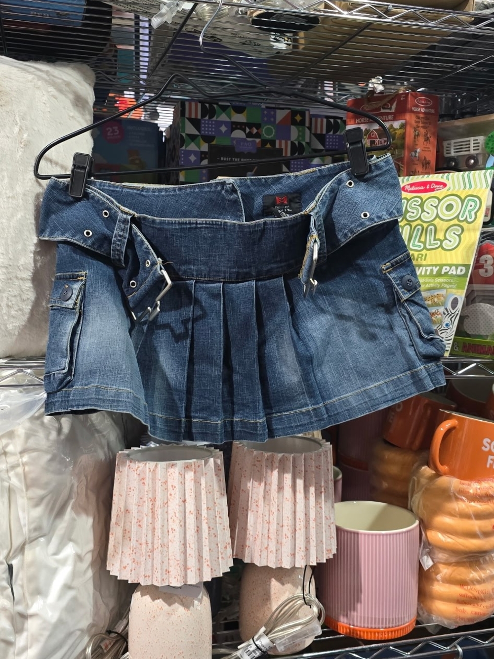 EUC Small Y2K Denim Pleated Mini Skirt with Buckle Detail - Blue
